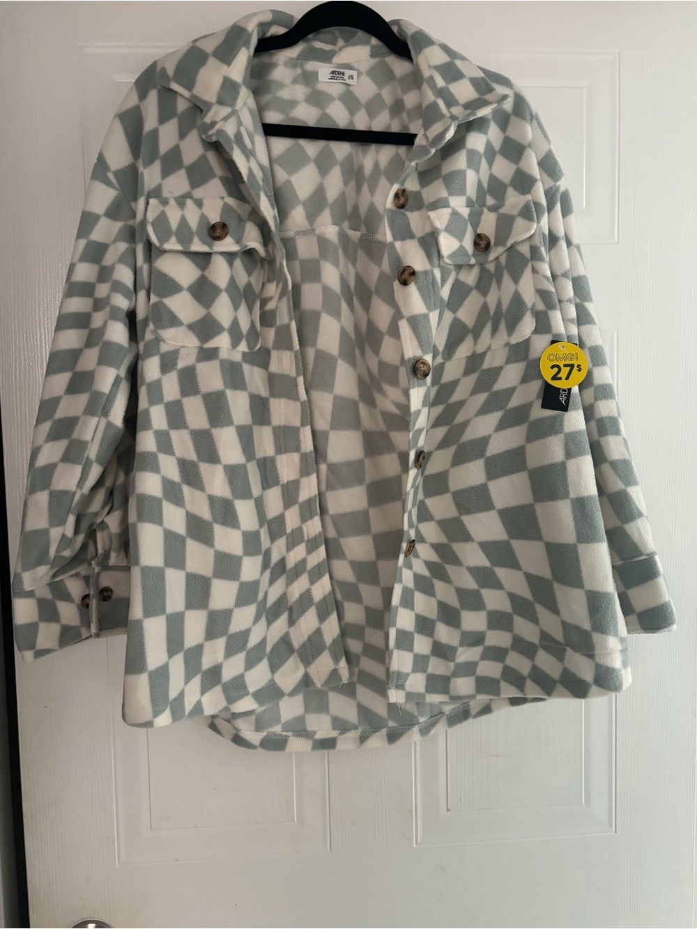 H&M Checkerboard Fleece Shacket in Gray & White